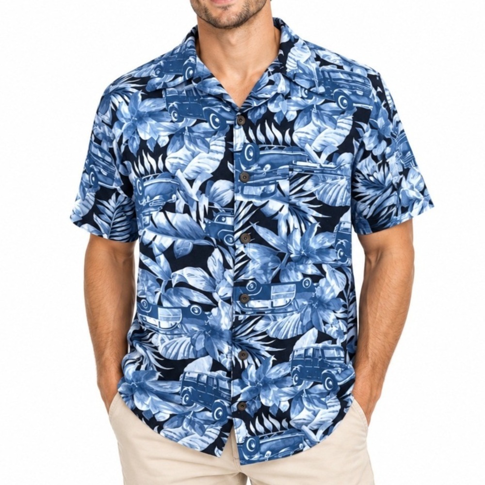 Panama Jack Shirt Men M Blue Woody Car Tropical Floral Rayon Camp Aloha Hawaiian